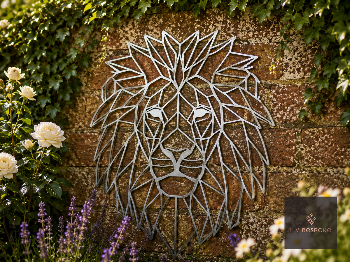 Geometric metal lion head wall art on a stone wall