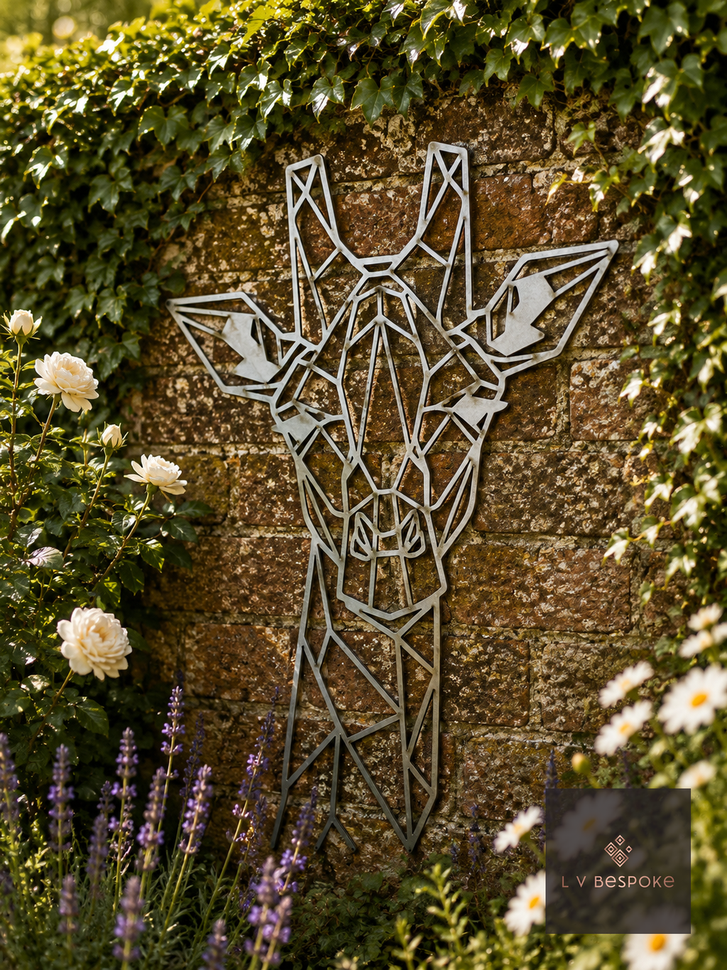 Geometric metal giraffe wall art on an ivy-covered wall