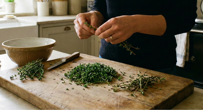 Thyme Common (Thymus vulgaris) being stripped onto a wooden chopping board in a kitchen