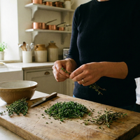 In a bright kitchen, a person in a dark sweater strips fresh Thyme Common from Bishy Barnabees Cottage Garden onto a wooden cutting board next to a knife and mixing bowl, with shelves and kitchen items visible in the background.
