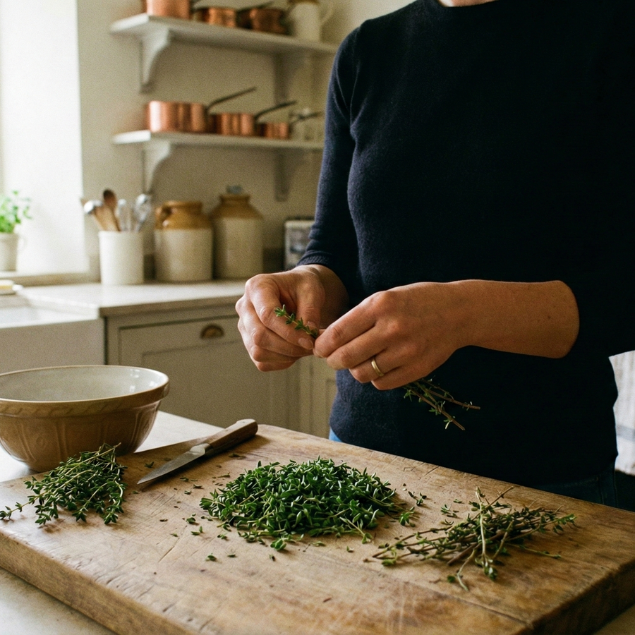 In a bright kitchen, a person in a dark sweater strips fresh Thyme Common from Bishy Barnabees Cottage Garden onto a wooden cutting board next to a knife and mixing bowl, with shelves and kitchen items visible in the background.