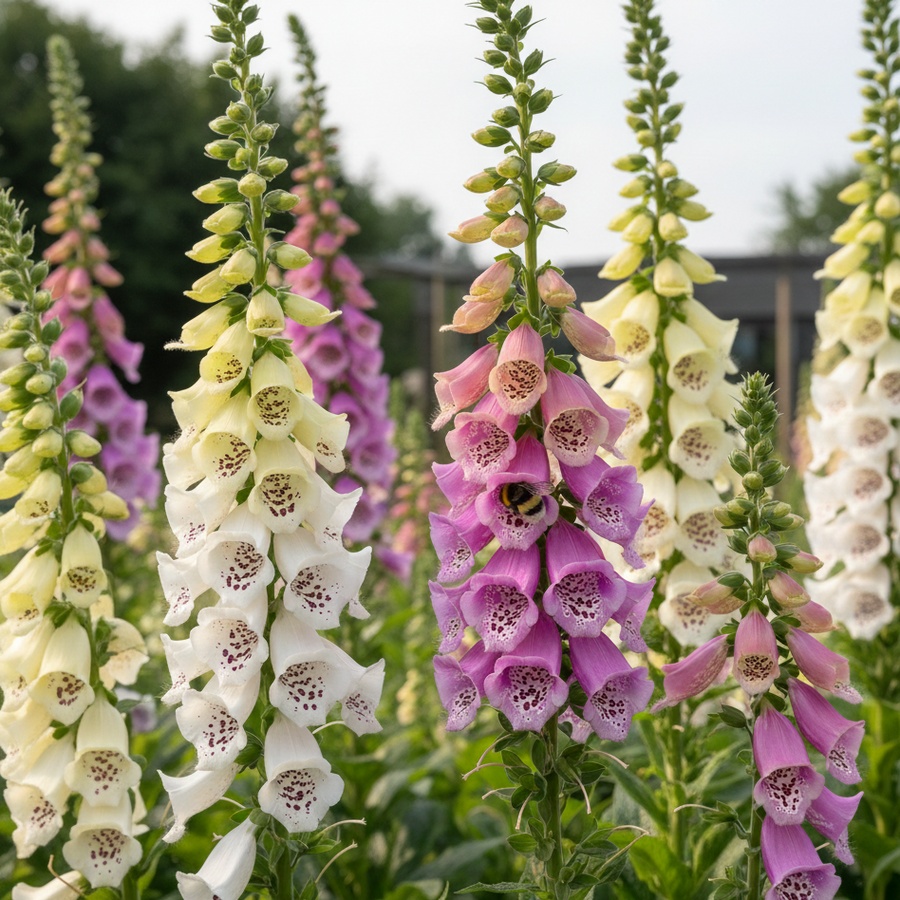 Tall Foxglove Excelsior Mix flowers from Bishy Barnabees Cottage Garden display tubular white, yellow, and pink blooms in the garden, surrounded by green leaves with trees and a building softly blurred in the background.