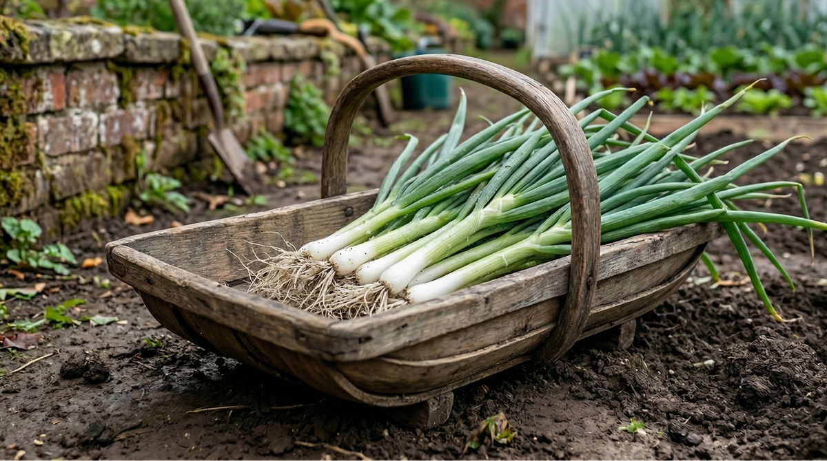 A rustic wooden basket of freshly harvested Bishy Barnabees Cottage Garden Ltd Onion Spring White Lisbon green onions rests on garden soil, with leafy vegetables and tools in the background, highlighting the fresh produce’s natural beauty.