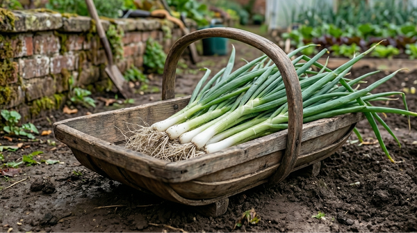 A rustic wooden basket of freshly harvested Bishy Barnabees Cottage Garden Ltd Onion Spring White Lisbon green onions rests on garden soil, with leafy vegetables and tools in the background, highlighting the fresh produce’s natural beauty.