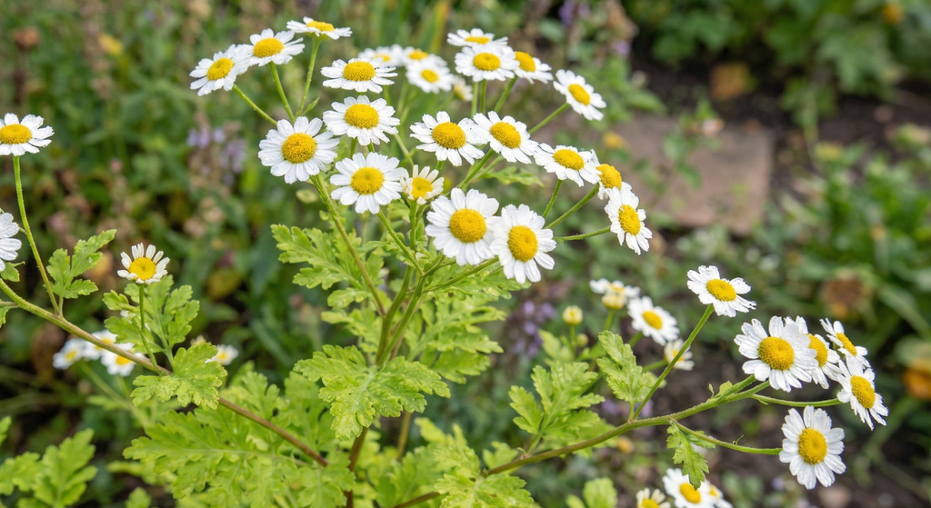 Feverfew (Tanacetum parthenium) – small white daisy flowers with yellow centres