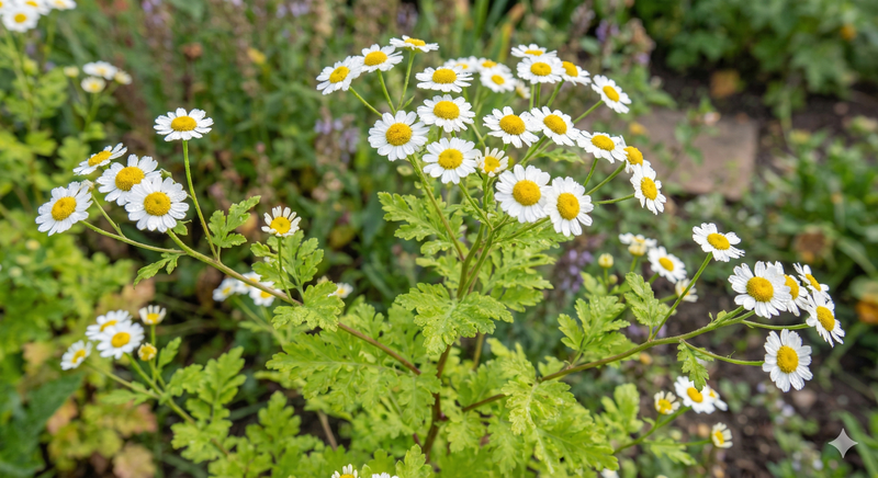 Feverfew by Bishy Barnabees Cottage Garden Ltd features small white daisy-like flowers with yellow centers and green, serrated leaves, ideal for outdoor cottage gardens and often started from seed as a medicinal herb.