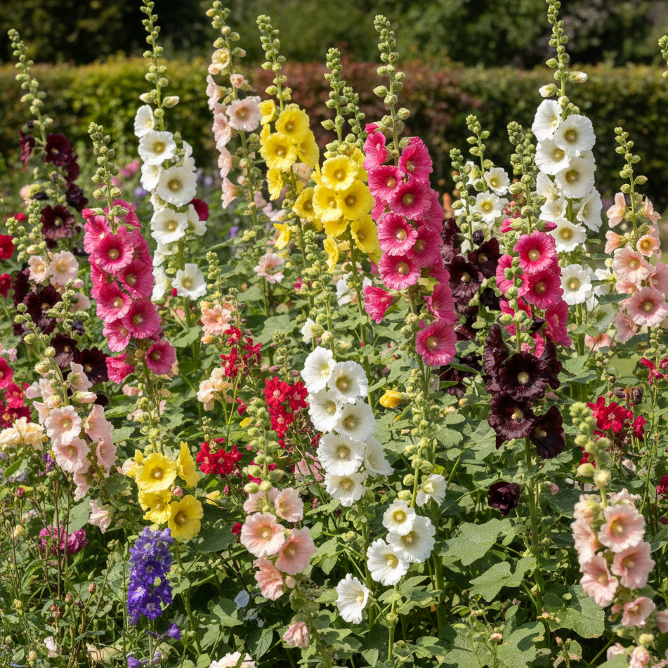 A garden bed bursts with tall Hollyhock Bishy Barnabee Mix by Bishy Barnabees Cottage Garden, blooming in pink, yellow, white, and deep maroon on vertical stems—classic country flowers set against green leaves and a hedge.