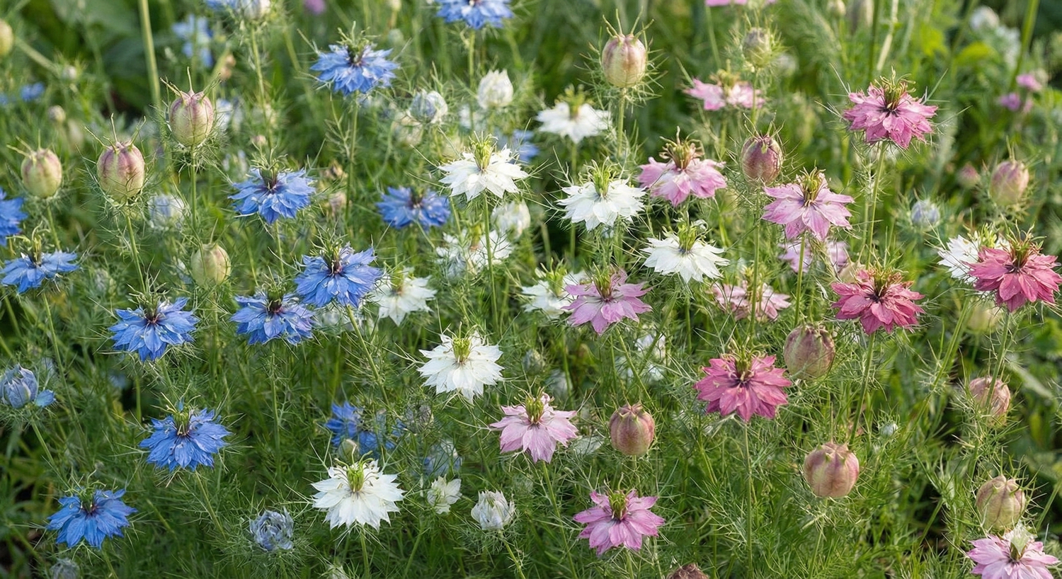 Field of colourful flowers including blue, white, and pink blossoms.