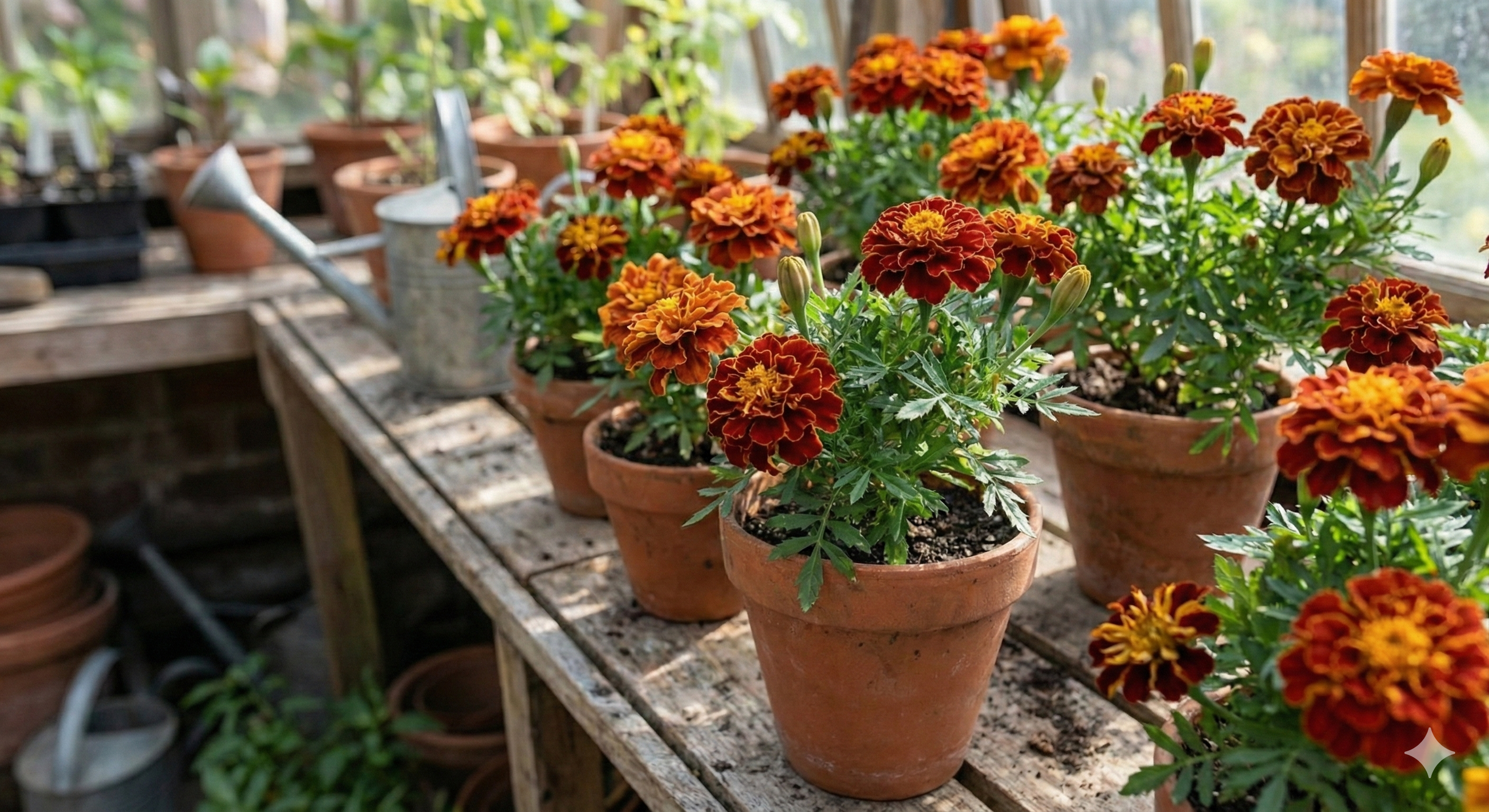 Row of potted marigold plants on a wooden table in a greenhouse setting.