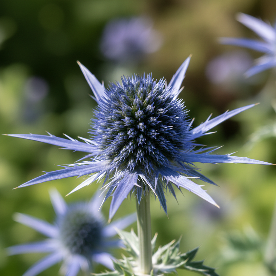 A close-up of Eryngium (Sea Holly) by Bishy Barnabees Cottage Garden shows its spiky blue, spherical flowers with thin petals and green stems. This drought-tolerant perennial brings striking texture to any garden.