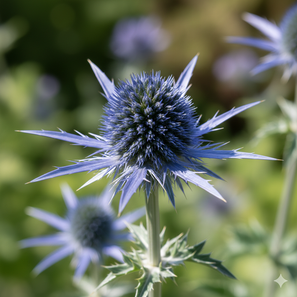 A close-up of Eryngium (Sea Holly) by Bishy Barnabees Cottage Garden shows its spiky blue, spherical flowers with thin petals and green stems. This drought-tolerant perennial brings striking texture to any garden.