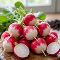 Radish Sparkler – bunch of round red radishes with white tips, one cut in half