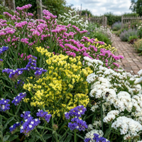 Clusters of purple, yellow, pink, and white Statice Hipster Mixed from Bishy Barnabees Cottage Garden bloom in a lively garden beside a brick path leading to a wooden gate, framed by greenery under a partly cloudy sky.