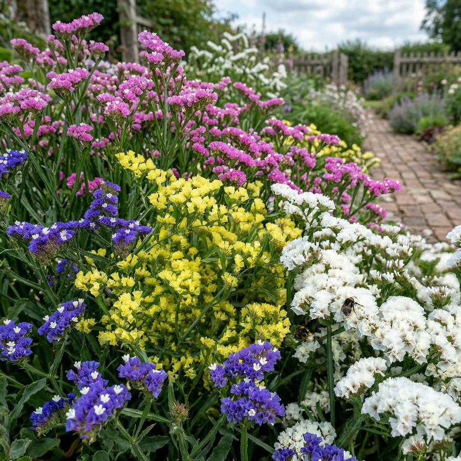 Clusters of purple, yellow, pink, and white Statice Hipster Mixed from Bishy Barnabees Cottage Garden bloom in a lively garden beside a brick path leading to a wooden gate, framed by greenery under a partly cloudy sky.