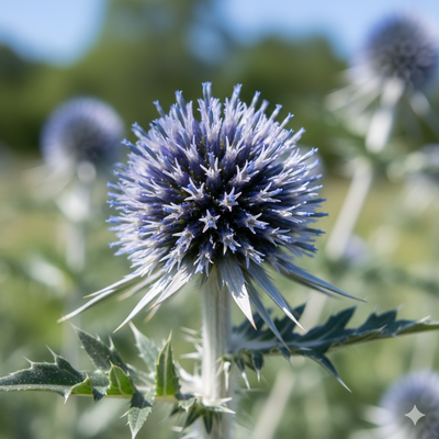 A close-up of Bishy Barnabees Cottage Garden's Echinops ritro Metallic Blue, a bee-friendly plant with spiky, spherical blue-purple blooms and green spiny leaves against a blurred outdoor background.