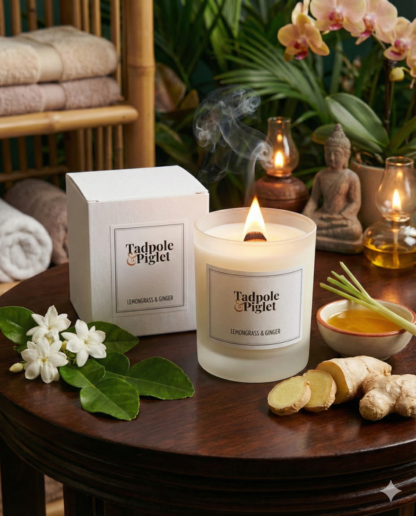 A lit Tadpole & Piglet Lemongrass & Ginger Scented Candle rests on a wooden table with its box, surrounded by ginger, lemongrass, white flowers, green leaves, towels, a Buddha statue, and a lantern for a spa-like ambiance.