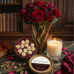 A marble table displays a lit candle, Tadpole & Piglet Velvet Rose & Oud Botanical Wax Melts tin, a vase of red roses, a gift-wrapped book, rose petals, and wood pieces with a bookshelf in the background.