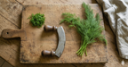 A mezzaluna knife rests on a wooden board with chopped herbs—great for pickling—and fresh dill sprigs, perfect for planting Dill Bouquet seeds from Bishy Barnabees Cottage Garden, beside a beige cloth.