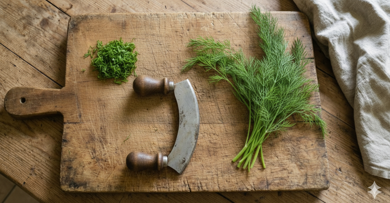A mezzaluna knife rests on a wooden board with chopped herbs—great for pickling—and fresh dill sprigs, perfect for planting Dill Bouquet seeds from Bishy Barnabees Cottage Garden, beside a beige cloth.