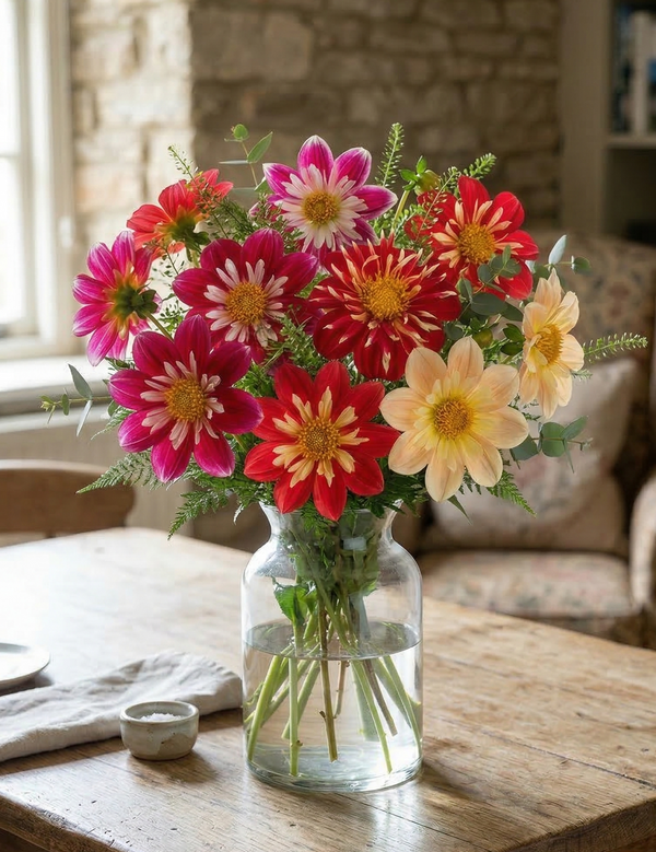 A clear vase holds a vibrant Dahlia Yankee Doodle Dandy Mix bouquet from Bishy Barnabees Cottage Garden, with lush greenery, on a wooden table by stone walls and a window—perfect bee-friendly flowers.
