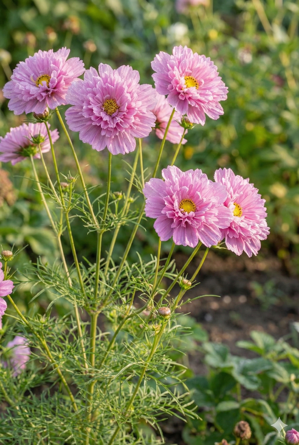 Cosmos Double Click Rose Bon Bon by Bishy Barnabees Cottage Garden Ltd features vintage rose-pink blooms with yellow centers on tall green stems, accented by feathery leaves and set against sunlit greenery and garden soil.