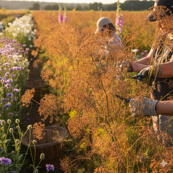 People in gloves and hats harvest flowers among wildflowers, tall plants, and the anise-scented foliage of Bronze Fennel from Bishy Barnabees Cottage Garden Ltd; baskets for gathering blooms are scattered nearby.