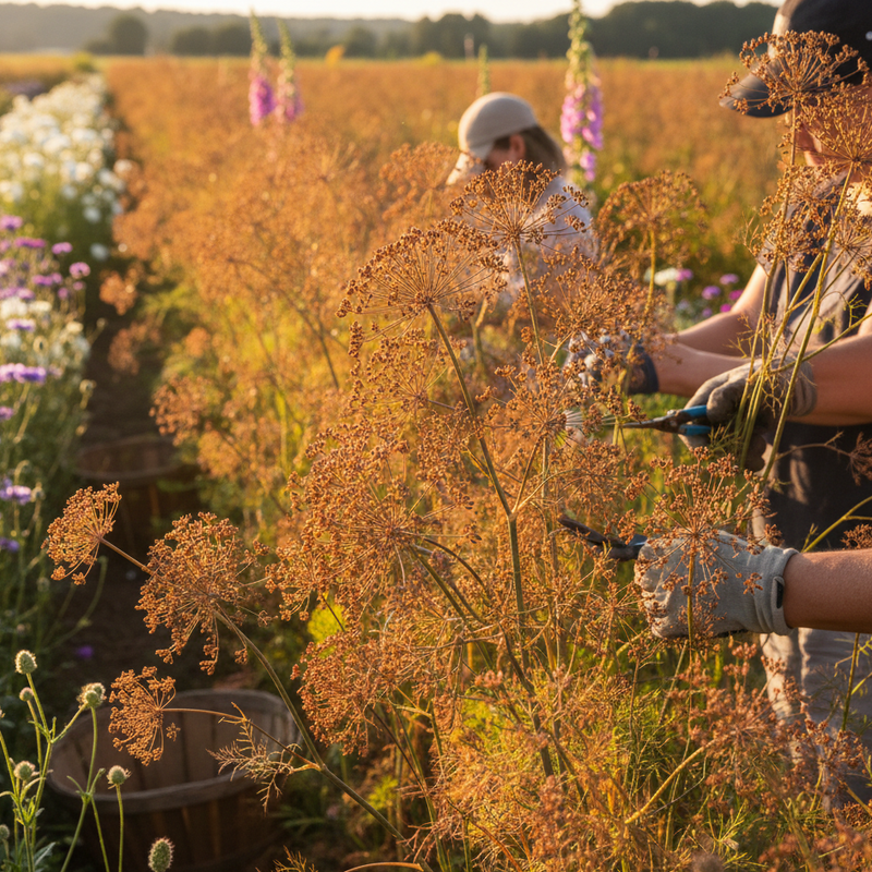 People in gloves and hats harvest flowers among wildflowers, tall plants, and the anise-scented foliage of Bronze Fennel from Bishy Barnabees Cottage Garden Ltd; baskets for gathering blooms are scattered nearby.