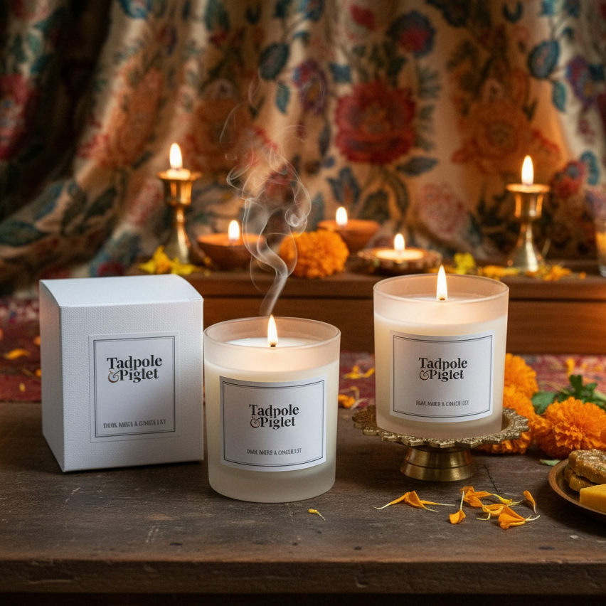 Two Tadpole & Piglet Dark Amber & Ginger Lily scented candles—one burning, one just extinguished with smoke—rest on a wooden table alongside a white box, marigold flowers, and sweets. Japanese incense inspires the scene; decorative candles feature in the background.