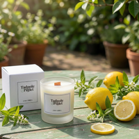 A Tadpole & Piglet Lemon Verbena Scented Candle sits on a green outdoor table with its box, lemons, lemon slices, leaves, potted plants, and sunlight in the background.