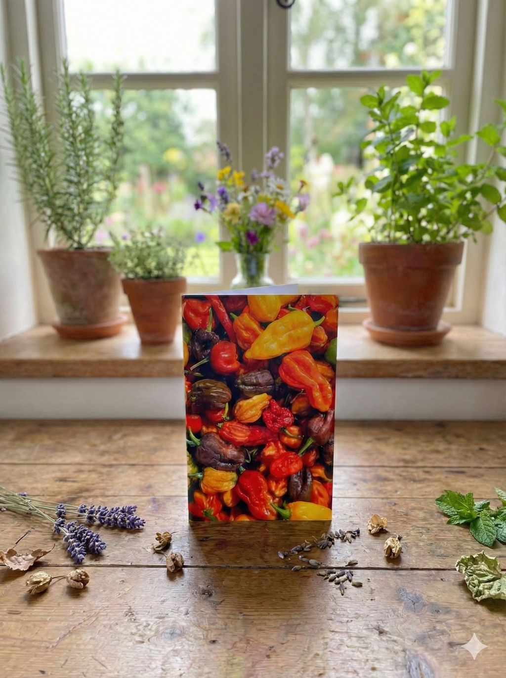 Chilli Rainbow Greeting Card on a wooden table with dried flowers and potted plants