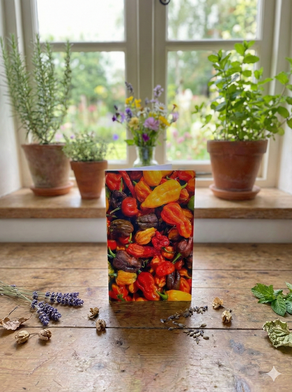 The Chilli Rainbow Greeting Card by Bishy Barnabees Cottage Garden Ltd features assorted peppers on a colorful box, ideal as a gardener’s gift or chilli greeting, displayed on a wooden table with dried flowers and potted plants nearby.
