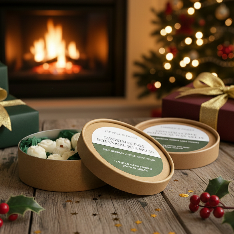 A festive scene with a lit fireplace, decorated tree, gifts, and an open round box of Tadpole & Piglet Christmas Tree Botanical Wax Melts. Holly sprigs and gold ribbons complete the cozy holiday atmosphere.