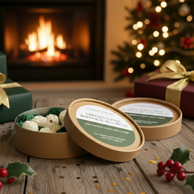 A festive scene with a lit fireplace, decorated tree, gifts, and an open round box of Tadpole & Piglet Christmas Tree Botanical Wax Melts. Holly sprigs and gold ribbons complete the cozy holiday atmosphere.