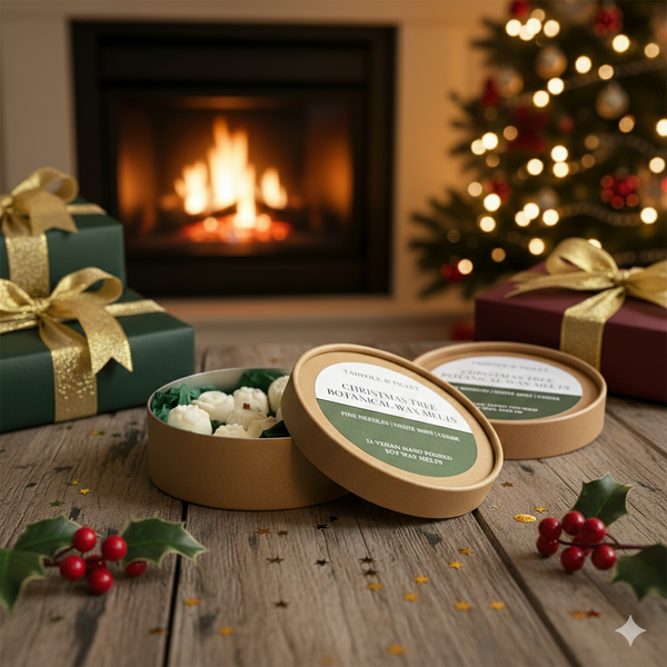 A festive scene with a lit fireplace, decorated tree, gifts, and an open round box of Tadpole & Piglet Christmas Tree Botanical Wax Melts. Holly sprigs and gold ribbons complete the cozy holiday atmosphere.