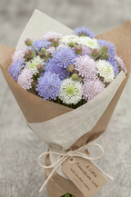 Didiscus Madonna Mixed – bouquet of lilac, white and pink flowers wrapped in brown paper