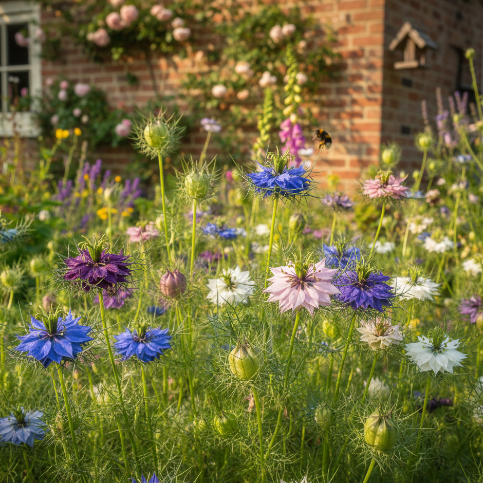 A bee hovers over colorful Nigella Persian Jewels Mixed (love-in-a-mist) blooms from Bishy Barnabees Cottage Garden Ltd, in a sunny garden with a brick house, window, and climbing roses. Ideal for dried flower arrangements.