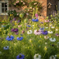 A bee hovers over colorful Nigella Persian Jewels Mixed (love-in-a-mist) blooms from Bishy Barnabees Cottage Garden Ltd, in a sunny garden with a brick house, window, and climbing roses. Ideal for dried flower arrangements.