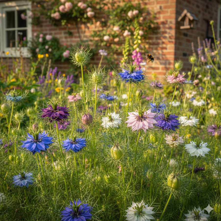 A bee hovers over colorful Nigella Persian Jewels Mixed (love-in-a-mist) blooms from Bishy Barnabees Cottage Garden Ltd, in a sunny garden with a brick house, window, and climbing roses. Ideal for dried flower arrangements.