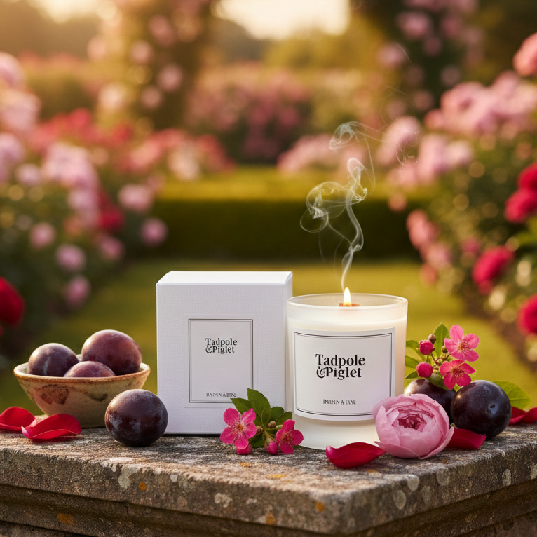 A glowing Tadpole & Piglet Damson & Rose Scented Candle with an FSC-certified wooden wick and white box rests among plums, rose petals, and flowers on a stone ledge in a rose garden at sunset, framed by blooming arches and greenery.
