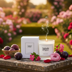 A glowing Tadpole & Piglet Damson & Rose Scented Candle with an FSC-certified wooden wick and white box rests among plums, rose petals, and flowers on a stone ledge in a rose garden at sunset, framed by blooming arches and greenery.