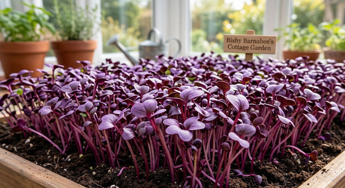 A dense tray of vibrant Rambo Radish microgreens showing deep purple stems and leaves, set in a sunlit Cottage Garden greenhouse.