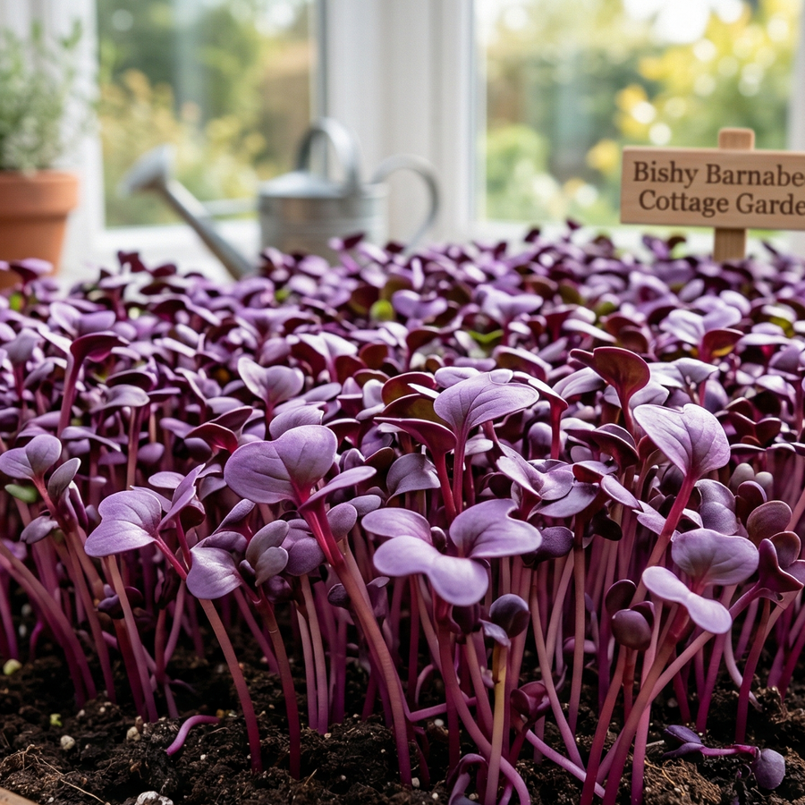 A dense tray of vibrant Rambo Radish microgreens showing deep purple stems and leaves, set in a sunlit Cottage Garden greenhouse.