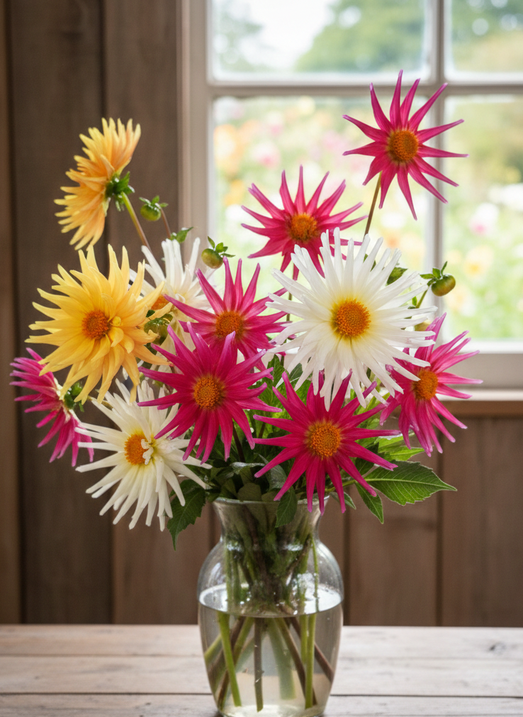 Dahlia Cactus Mixed – pink, white and yellow blooms in a clear vase by a sunny window