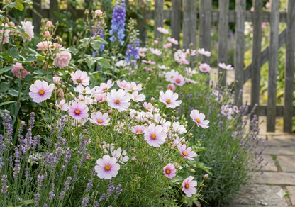 Garden with cosmos daydream flowers and lavender plants, wooden fence in the background