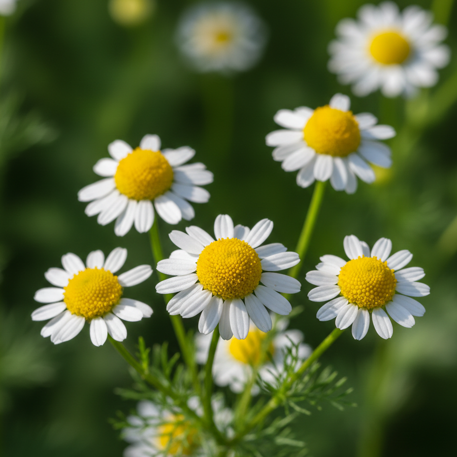 A cluster of Chamomile German flowers with white petals and yellow centers blooms against a green backdrop—ideal for anyone looking to grow herbal tea using seeds from Bishy Barnabees Cottage Garden Ltd.