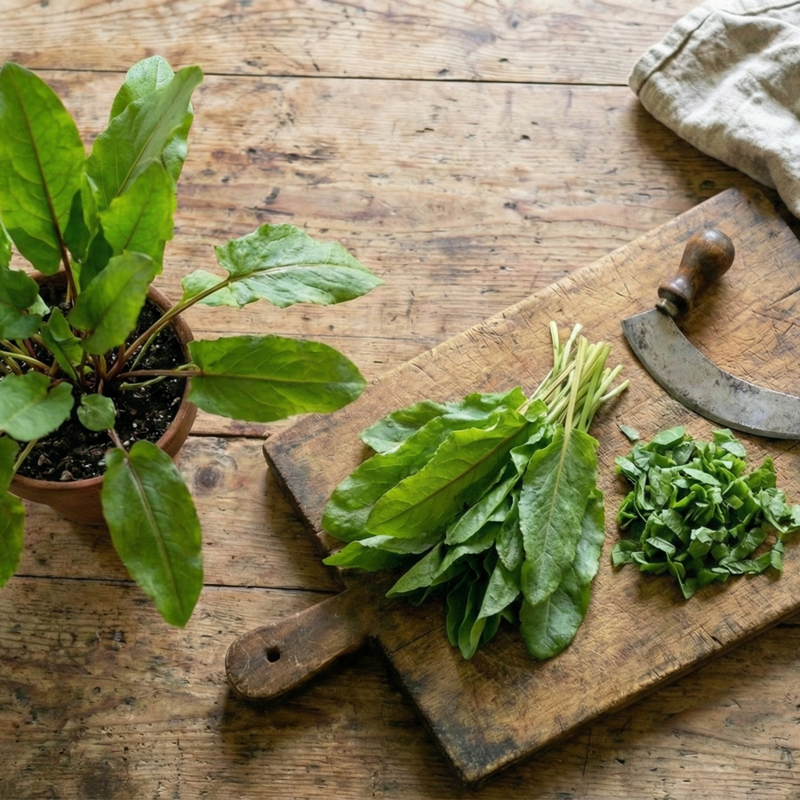 A Sorrel French Green De Belleville plant from Bishy Barnabees Cottage Garden Ltd sits on a rustic wooden table with fresh leaves—some whole, some chopped with a curved herb knife—next to a beige cloth in the upper right corner.