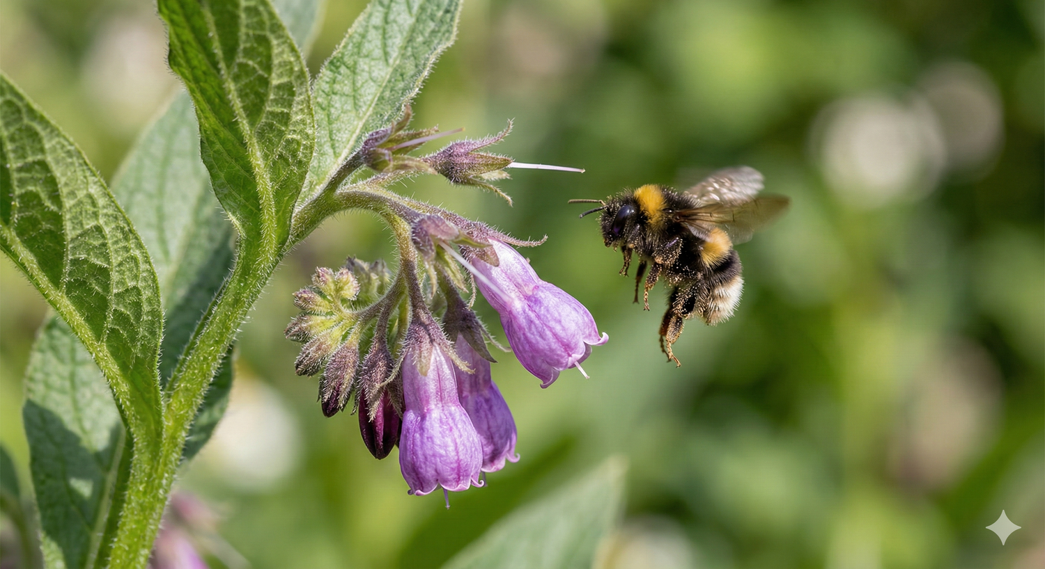 Bee hovering near a purple flower with green leaves on a blurred natural background