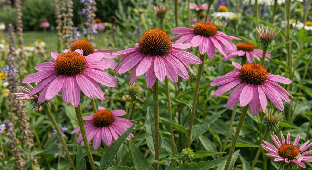 Several Echinacea Bravado plants by Bishy Barnabees Cottage Garden display rosy-purple blooms with orange-brown centers among lush green leaves, brightening the vibrant garden with more flowers and foliage in the background.