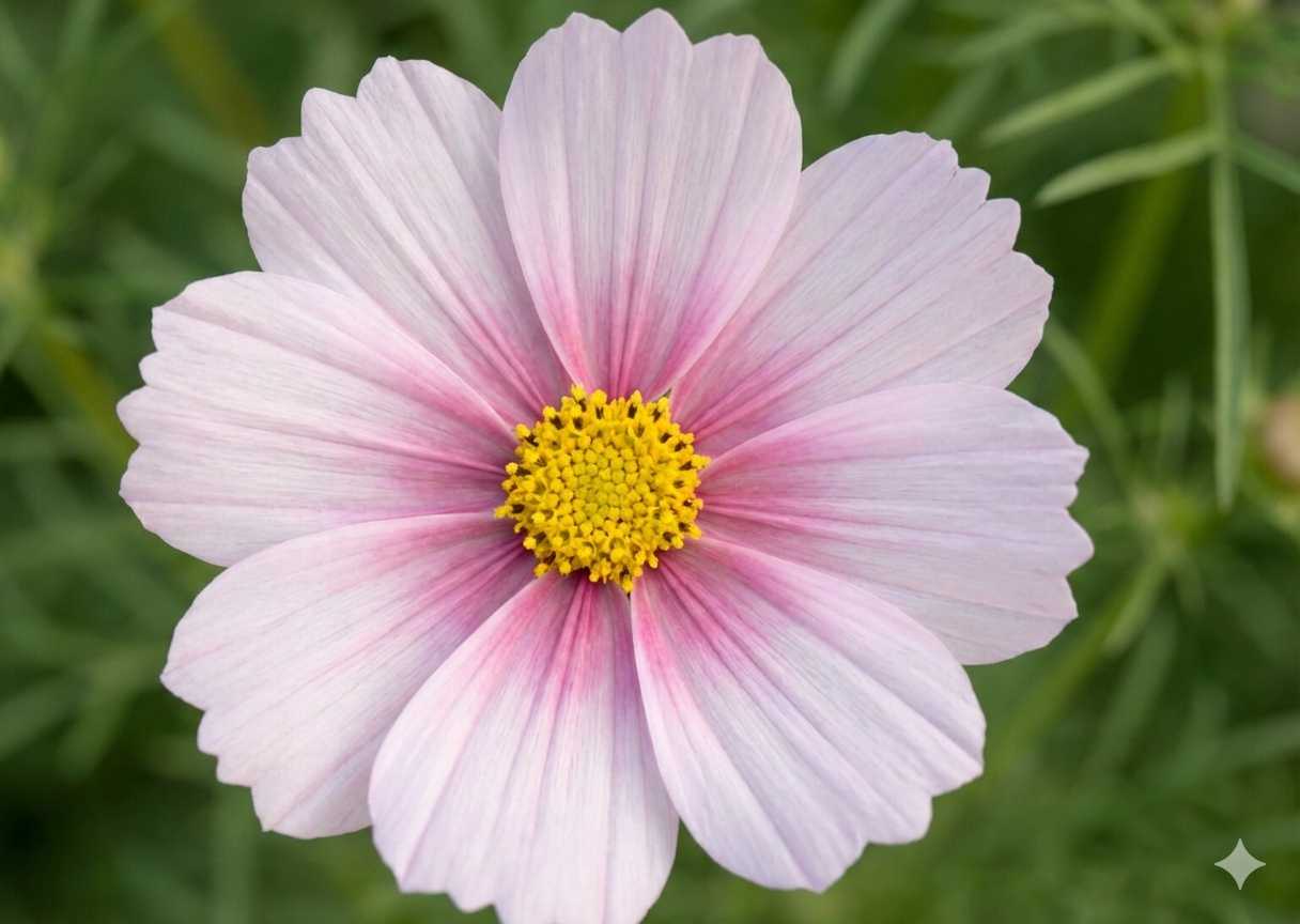 Close-up of a cosmos daydream with a yellow centre on a blurred green background