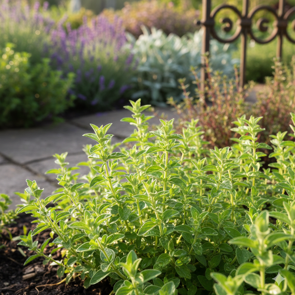 A lush Marjoram Sweet plant from Bishy Barnabees Cottage Garden thrives in a sunny bed, surrounded by herbs and flowers, with a stone path and metal railing in the background.
